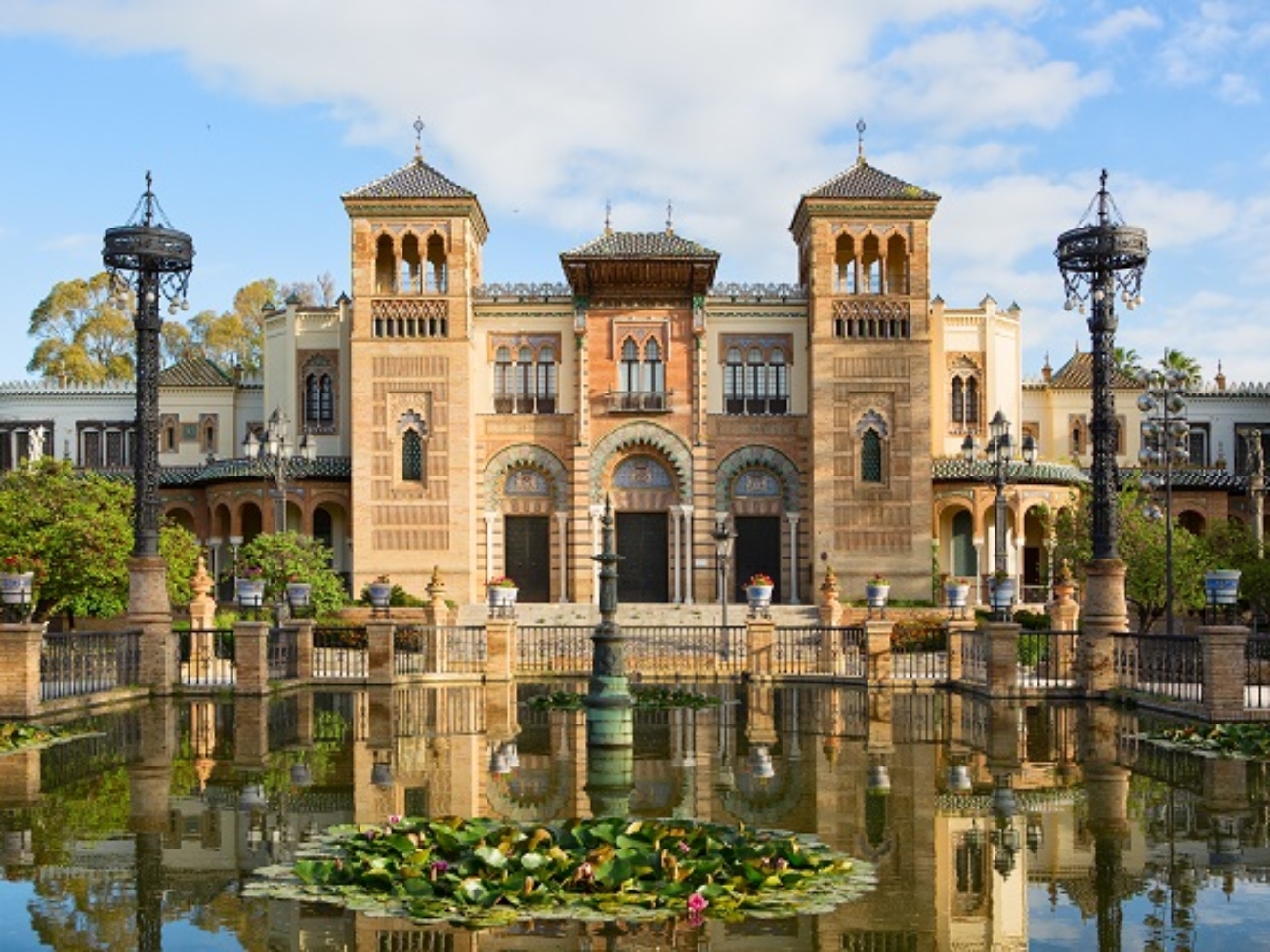 Plaza de America in  the sunny morning,  Parque de Maria Luisa,   Seville, Andalusia, Spain.